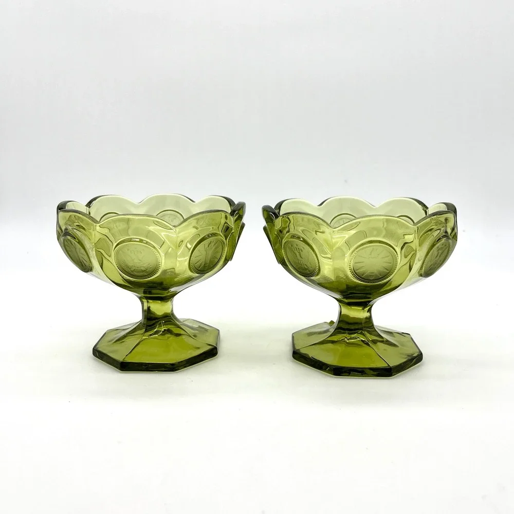 Fostoria Coin Glass Olive Green Compotes Pedestal‎ Candy Dishes Set of 2 - Picture 7 of 9